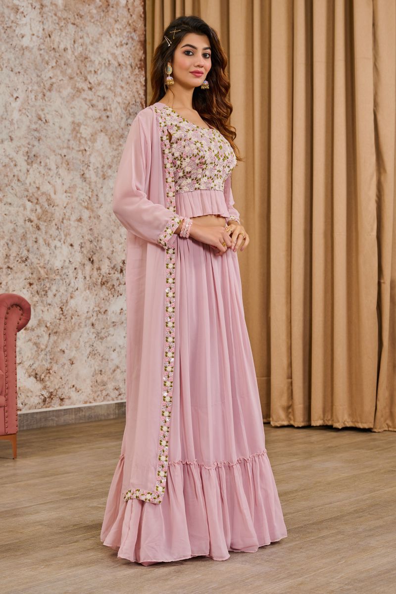 Georgette Sequins Work On Readymade Lehenga In Pink Color