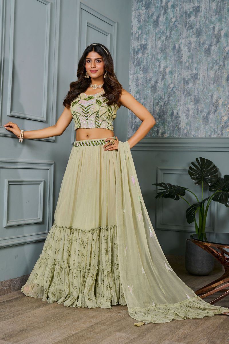 Sequins Work On Sea Green Readymade Lehenga In Georgette Fabric