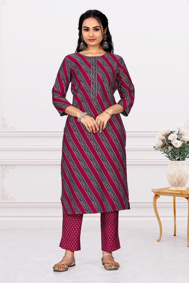 Purple Color Riveting Printed Cotton Kurti With Bottom