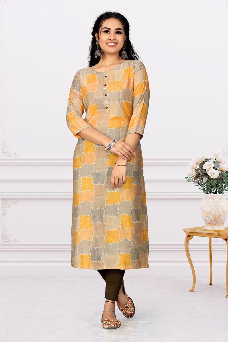 Mustard Color Excellent Printed Cotton Kurti