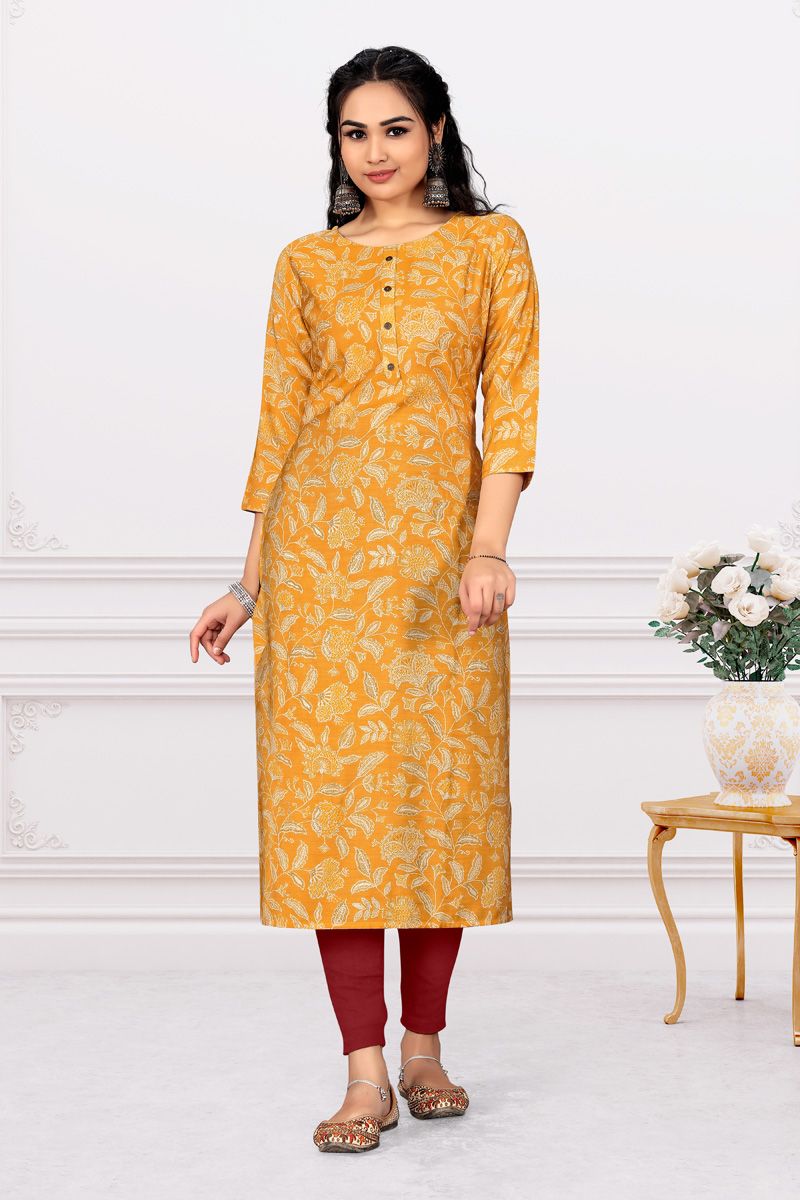 Mustard Color Princely Printed Cotton Kurti