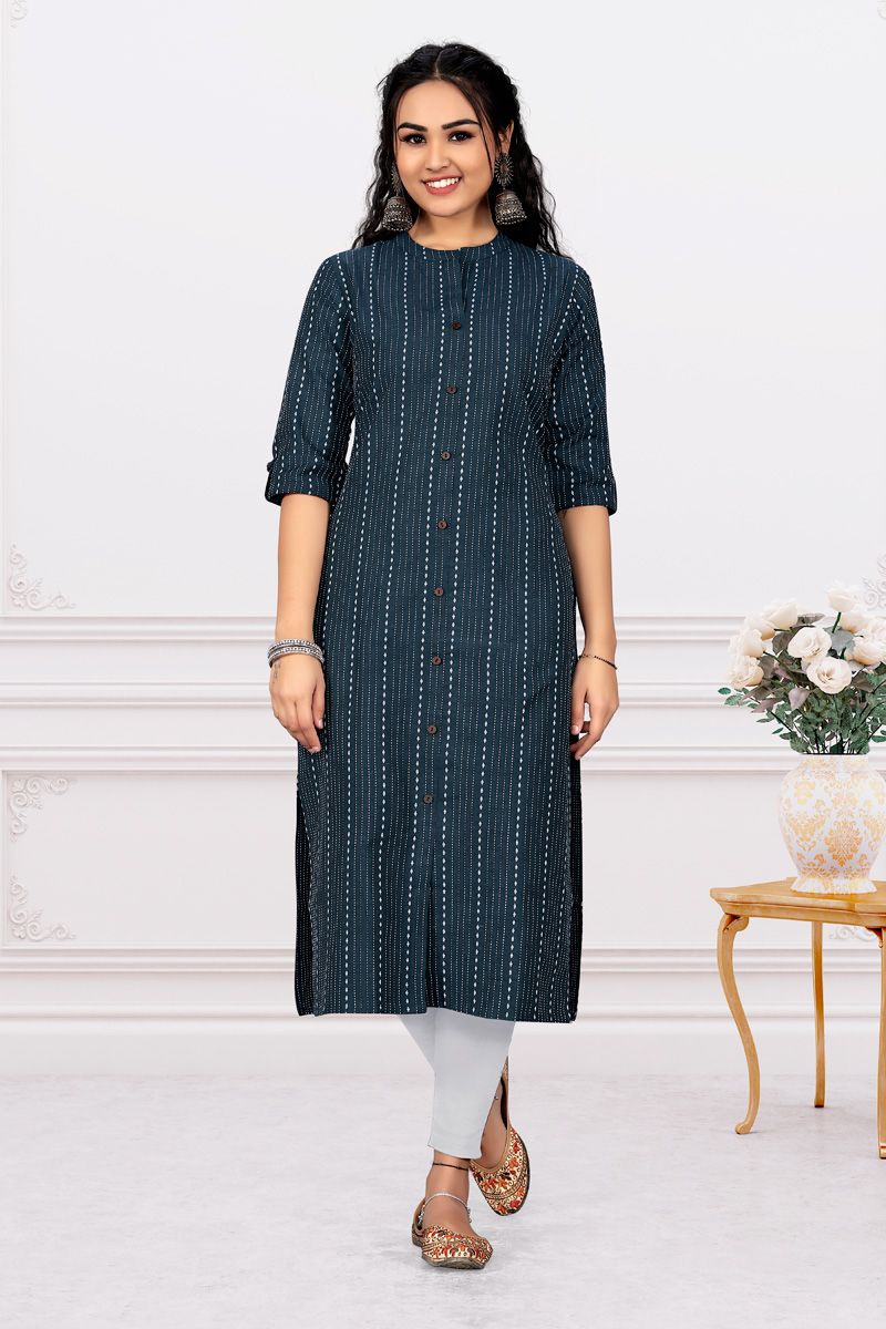 Navy Blue Color Engaging Printed Cotton Kurti