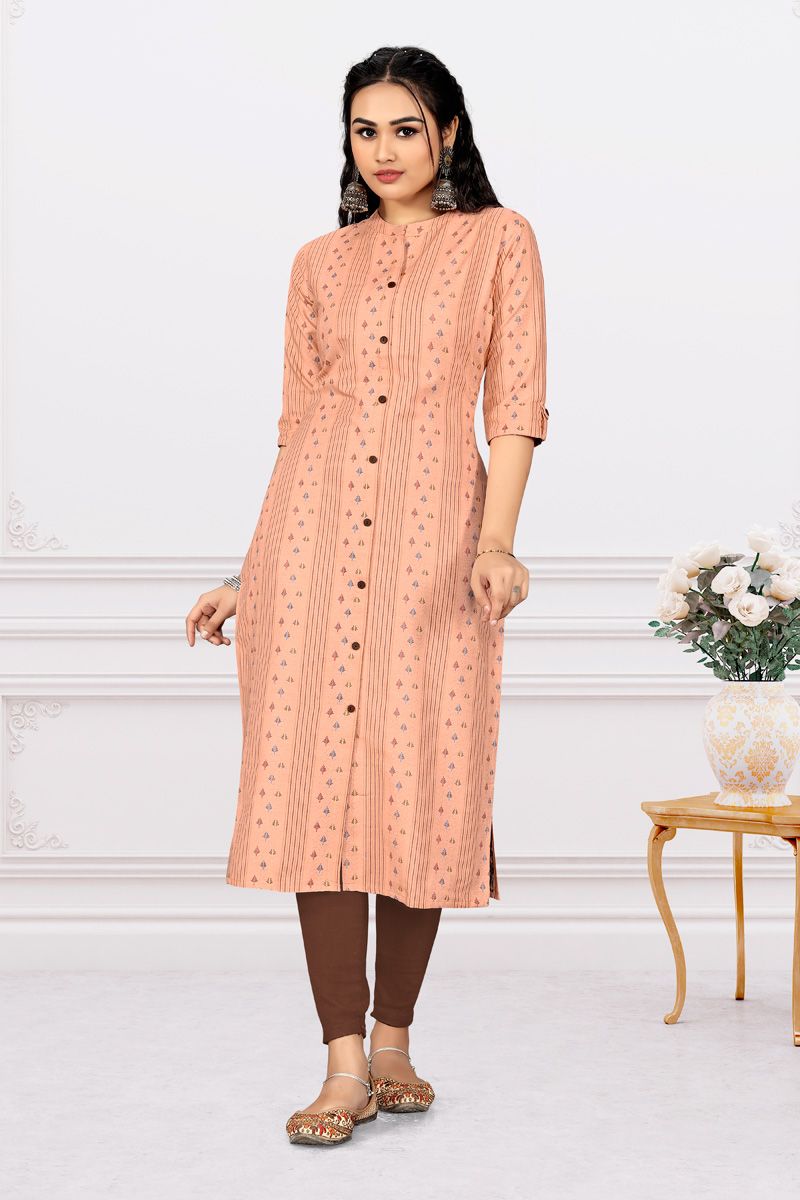 Peach Color Sober Printed Cotton Kurti