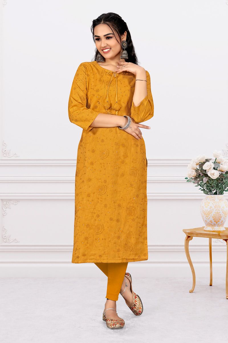 Creative Yellow Color Embroidery Cotton Kurti