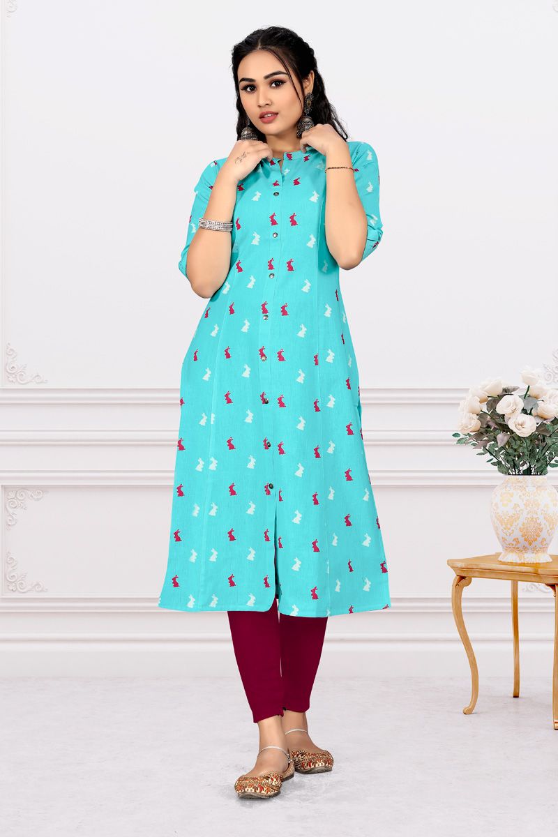 Excellent Blue Color Printed Cotton Kurti