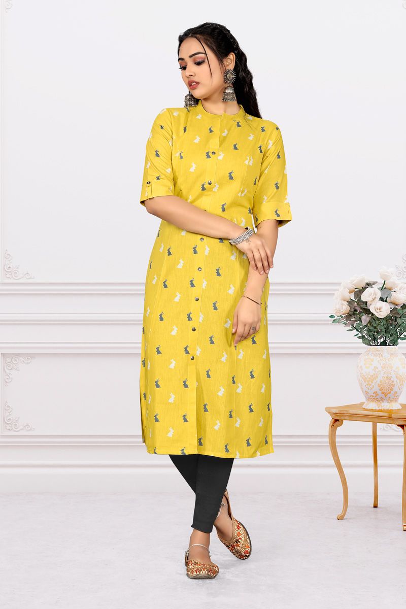 Yellow Color Stunning Printed Cotton Kurti