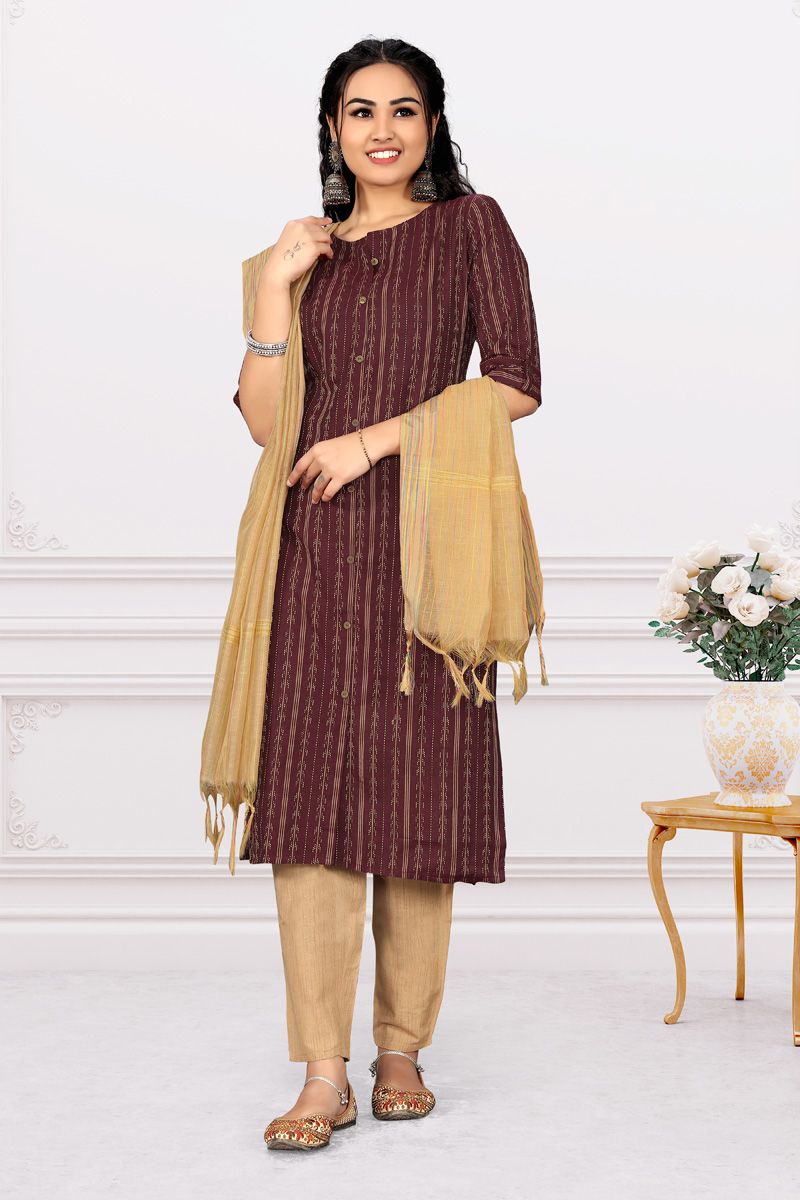 Beguiling Maroon Printed Cotton Kurti Bottom With Dupatta