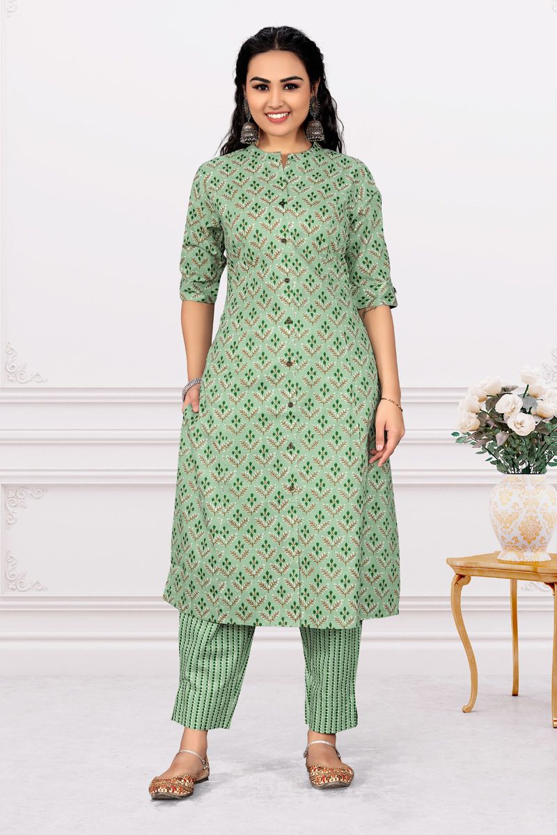 Incredible Green Color Printed Cotton Kurti With Bottom