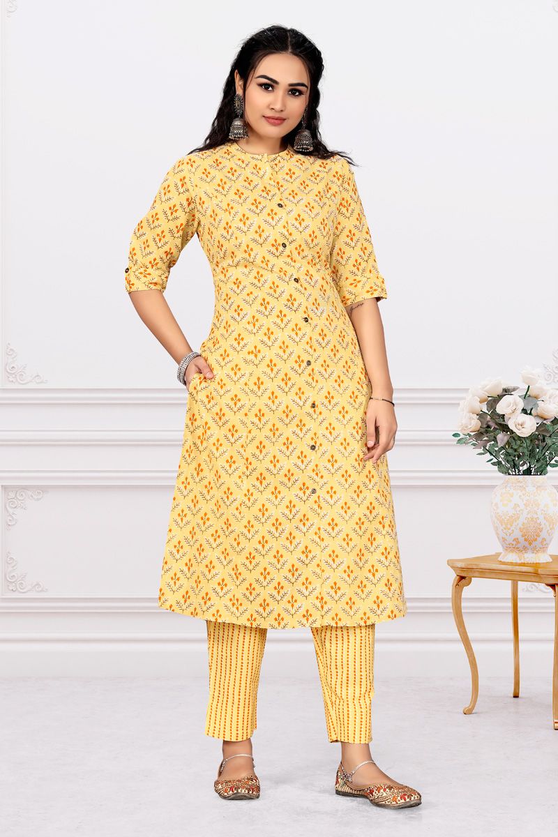 Tempting Mustard Color Printed Cotton Kurti With Bottom