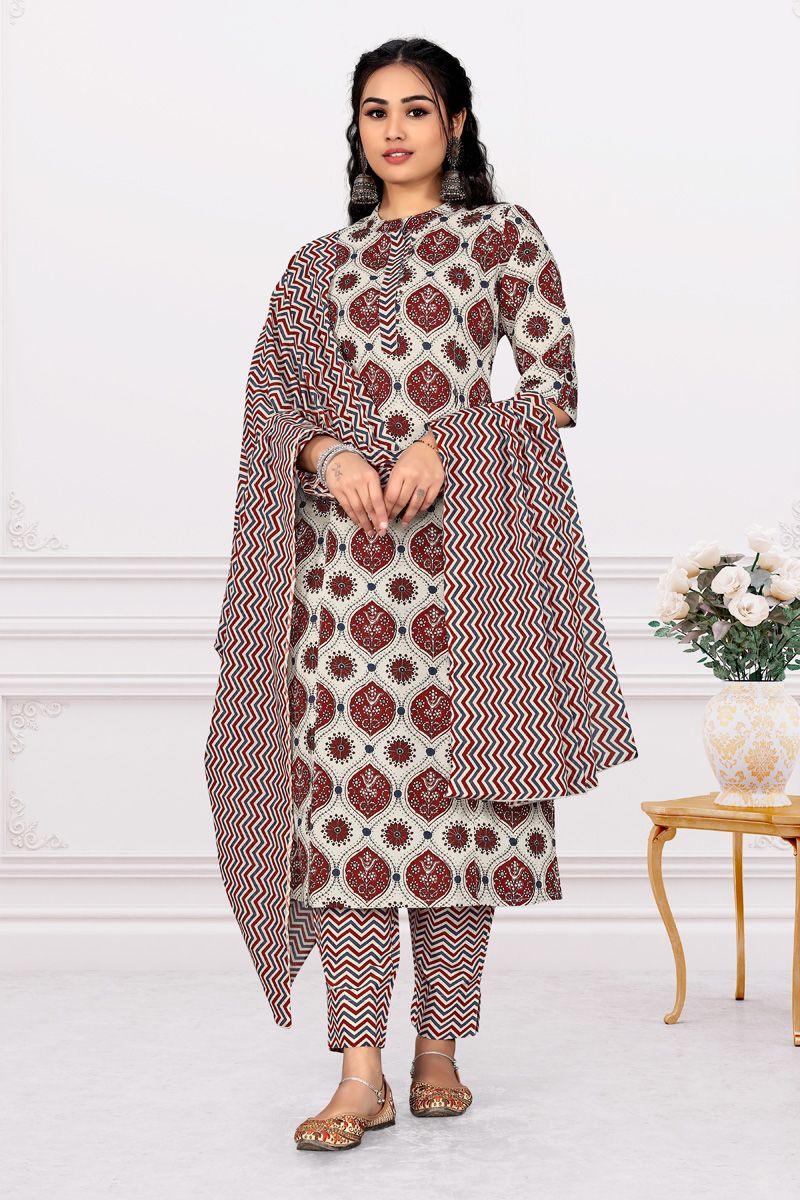 Maroon Color Delicate Printed Cotton Kurti Bottom With Dupatta