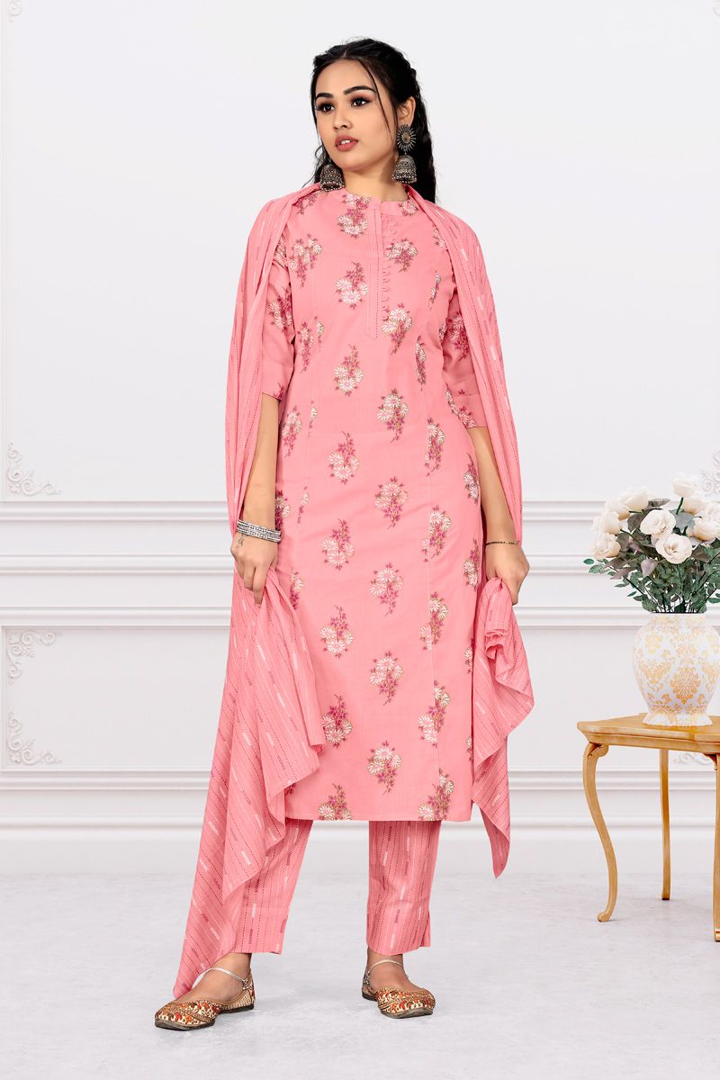 Pink Color Special Printed Cotton Kurti Bottom With Dupatta