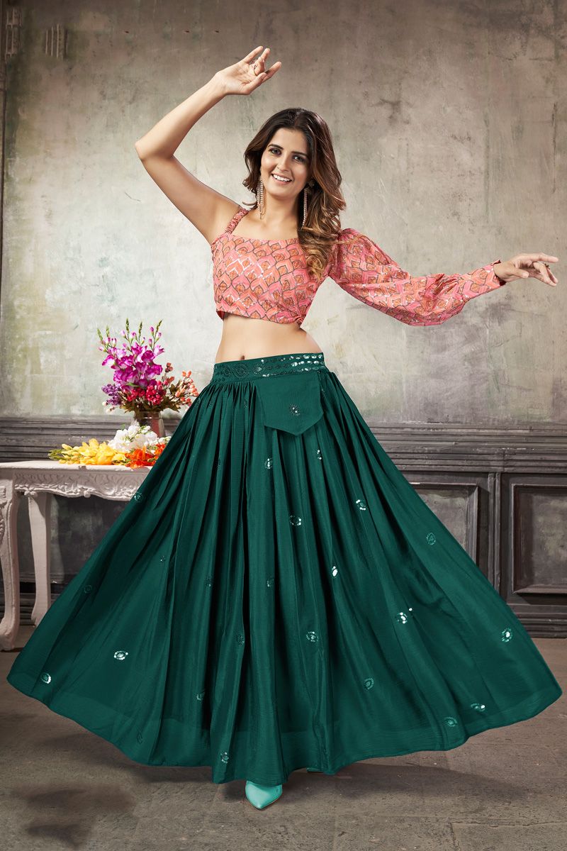 Green Color Art Silk Engaging Top With Skirt