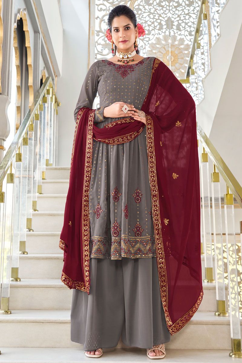 Grey Georgette Fabric Readymade Palazzo Suit