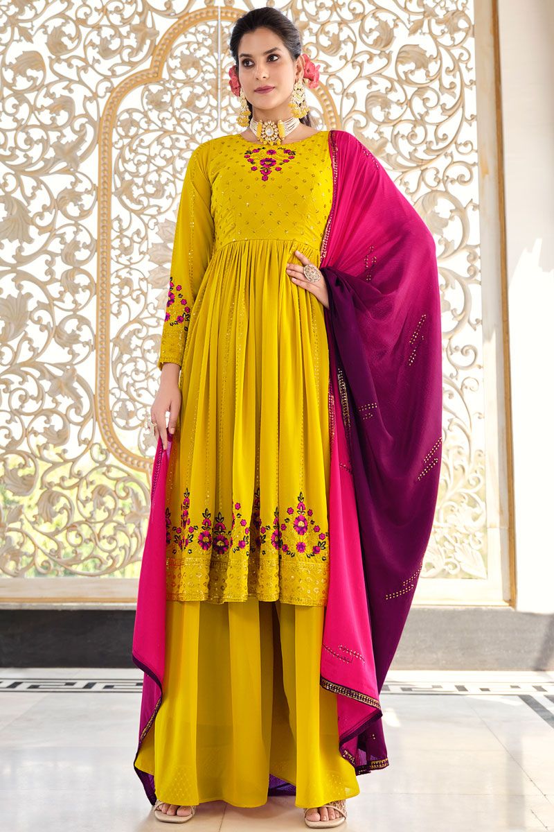 Yellow Georgette Fabric Readymade Palazzo Suit