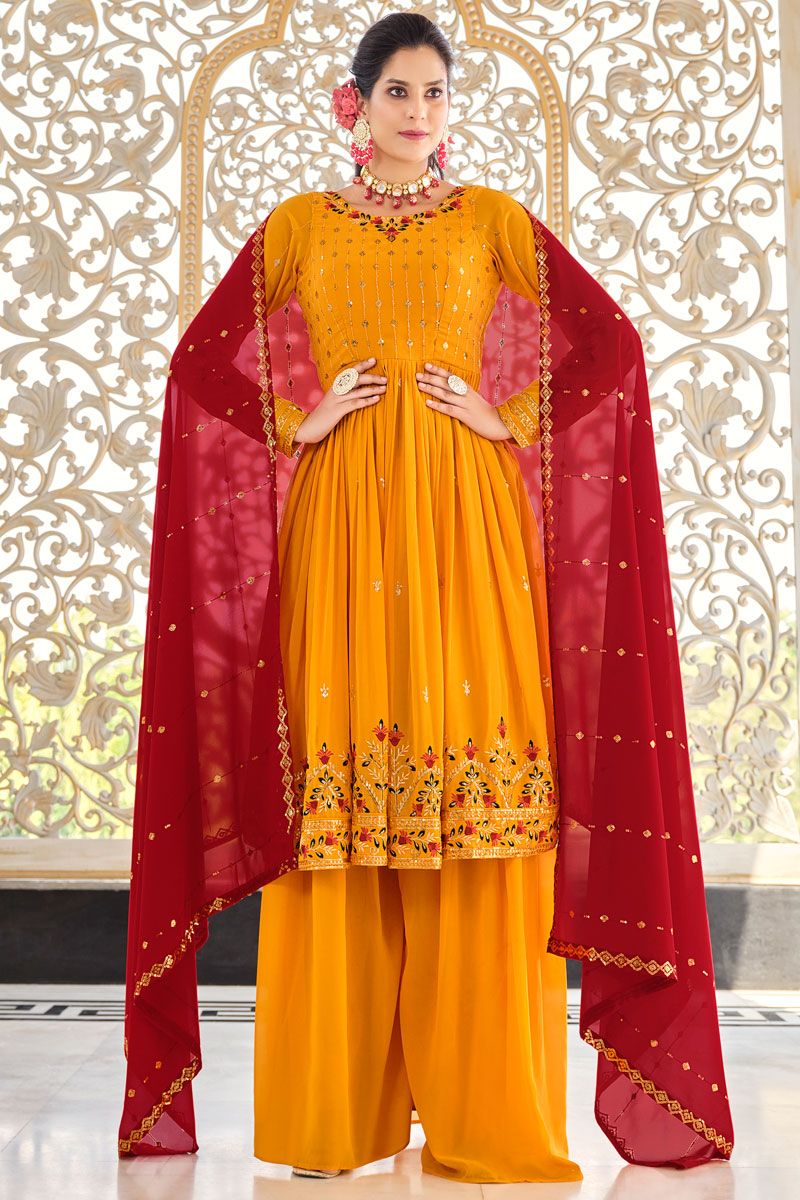 Georgette Fabric Orange Readymade Palazzo Suit