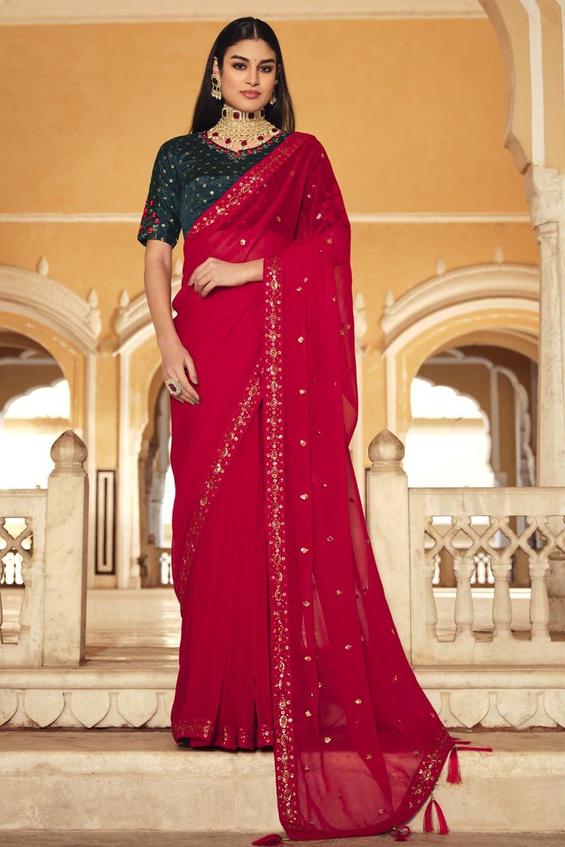 Sequins Work Red Color Aristocratic Chinon Fabric Saree