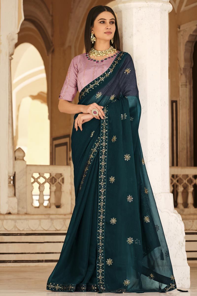 Imperial Teal Color Chinon Fabric Sequins Work Saree