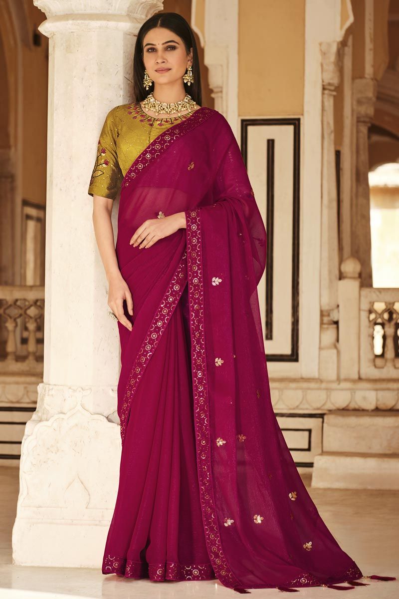 Sequins Work Flamboyant Chinon Fabric Saree In Rani Color