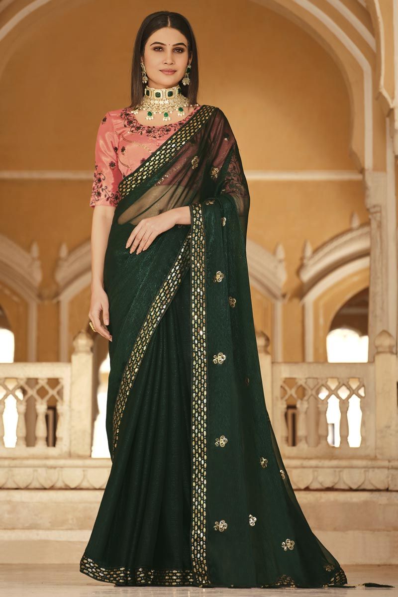 Sequins Work Lovely Chinon Fabric Saree In Dark Green Color