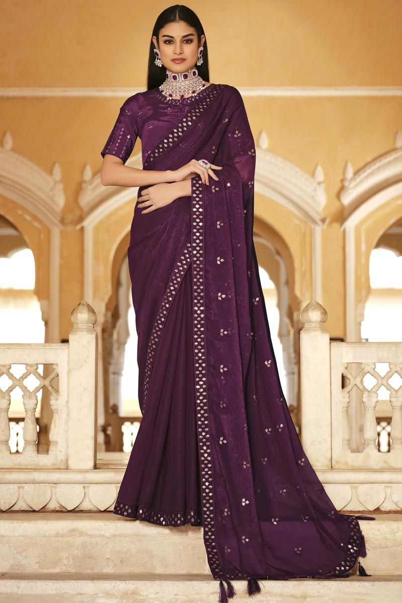 Sequins Work Captivating Chinon Fabric Saree In Purple Color