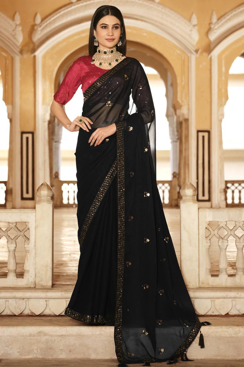 Sequins Work Awesome Chinon Fabric Saree In Black Color