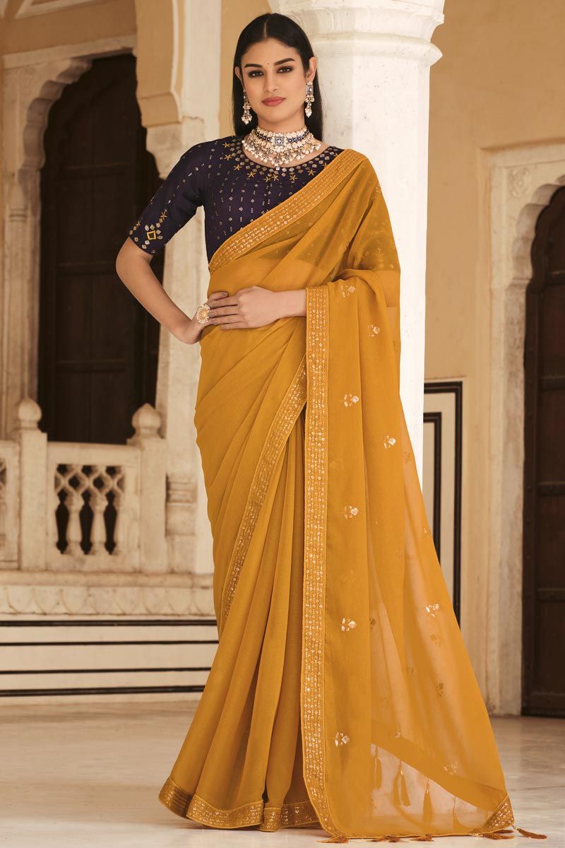 Yellow Color Fantastic Chinon Fabric Sequins Work Saree