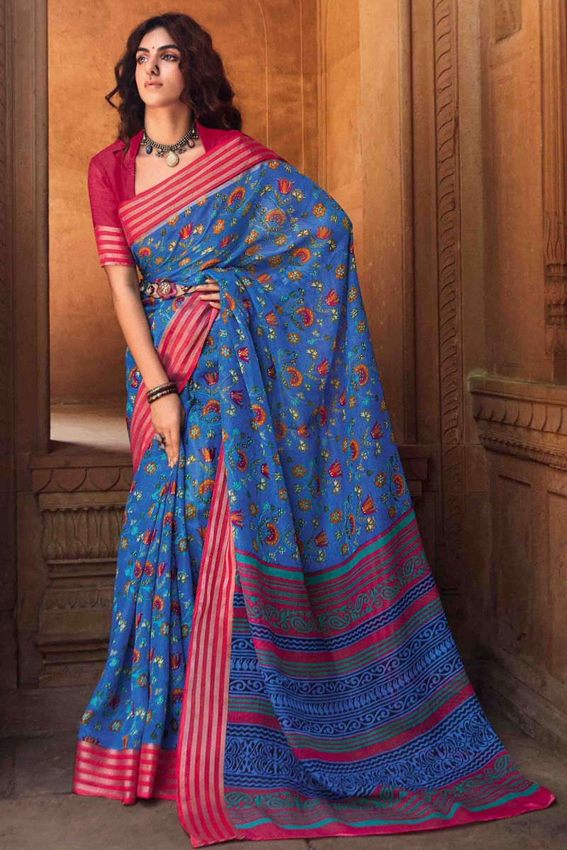 Blue Designer Linen Saree With Kasab Border With Blouse