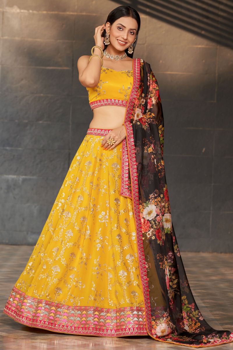 Incredible Sequins Work On Georgette Fabric Yellow Color Lehenga