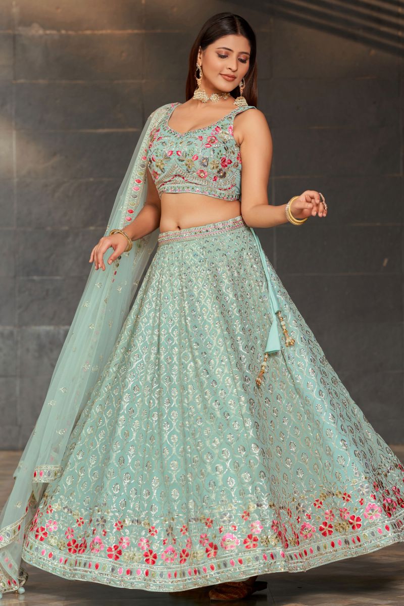 Tempting Georgette Fabric Sky Blue Color Lehenga With Sequins Work