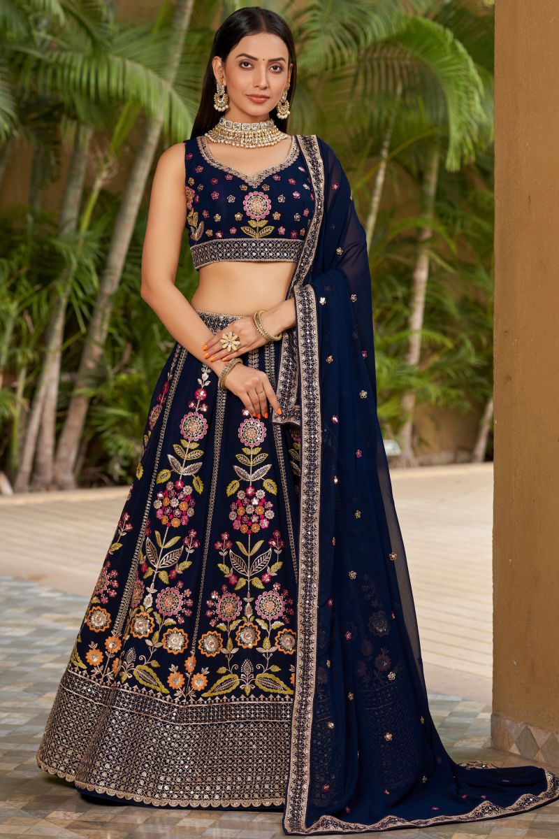 Georgette Fabric Navy Blue Color Delicate Lehenga With Sequins Work