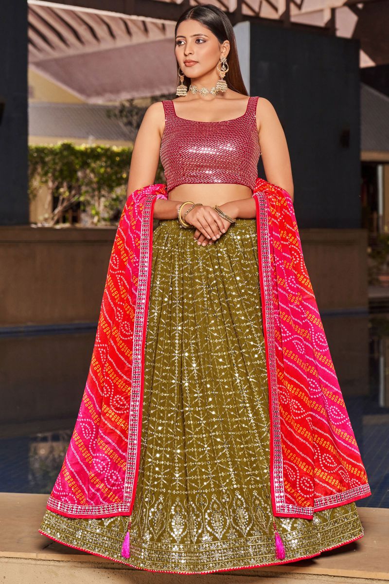 Engaging Olive Color Georgette Fabric Lehenga With Sequins Work