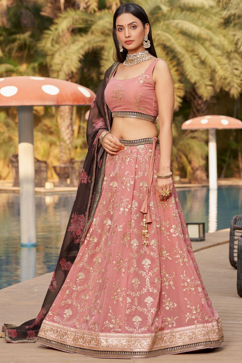 Amazing Sequins Work On Pink Color Georgette Fabric Lehenga