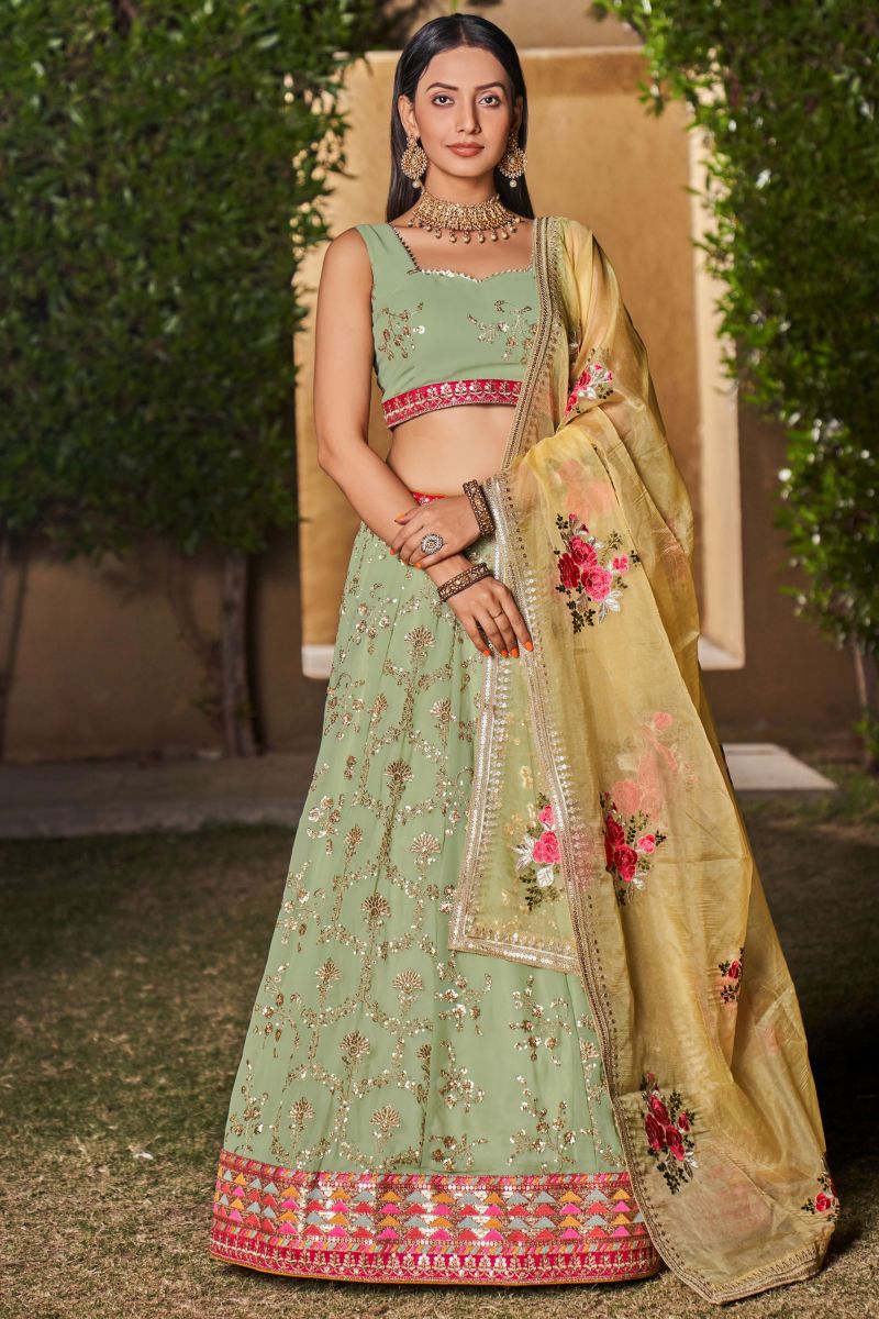 Sea Green Color Sequins Work On Georgette Fabric Chic Lehenga