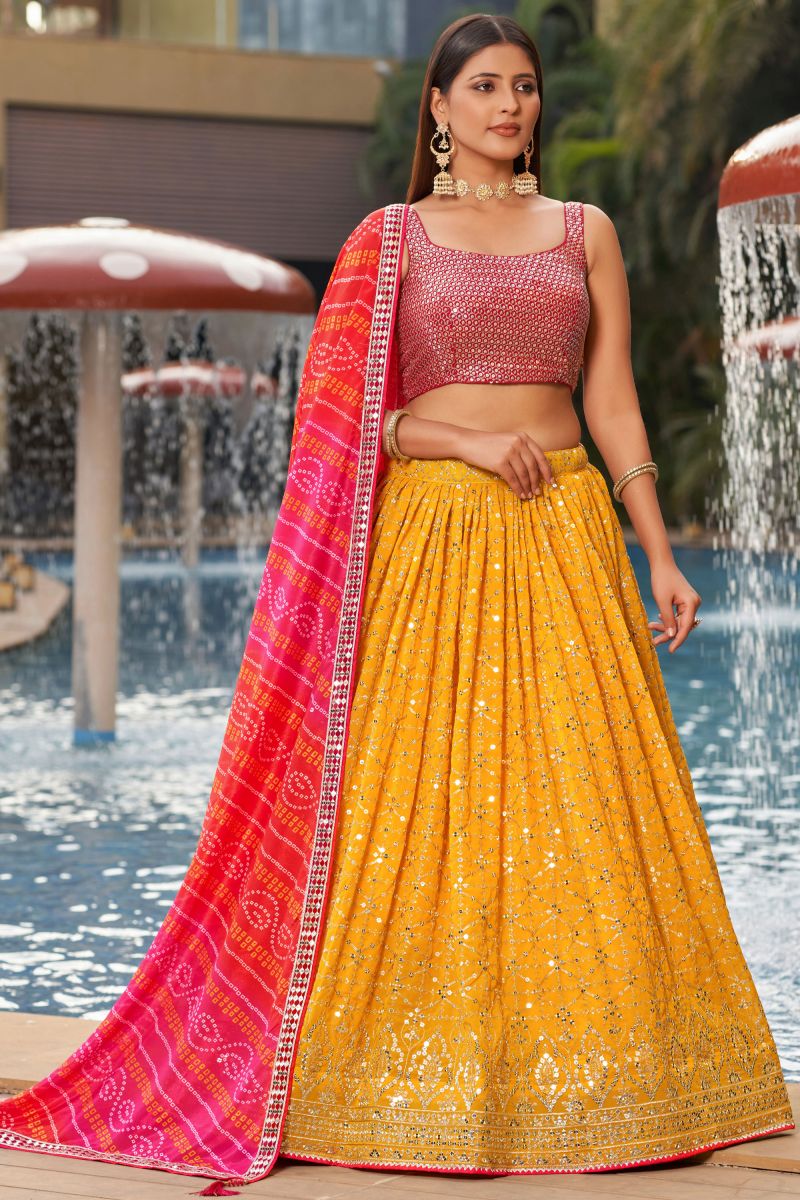 Soothing Sequins Work On Mustard Color Georgette Fabric Lehenga