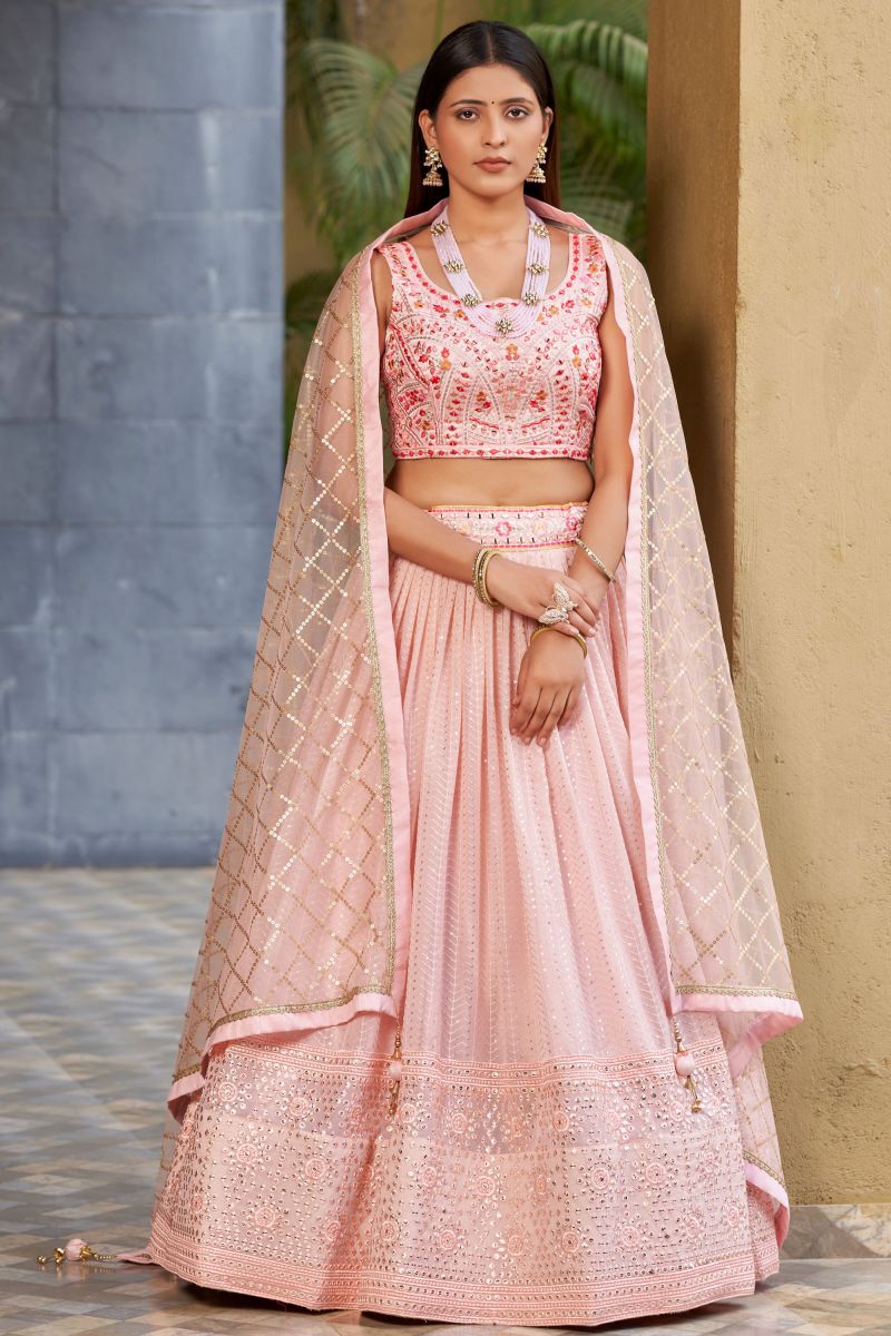 Sequins Work On Georgette Fabric Pink Color Gorgeous Lehenga