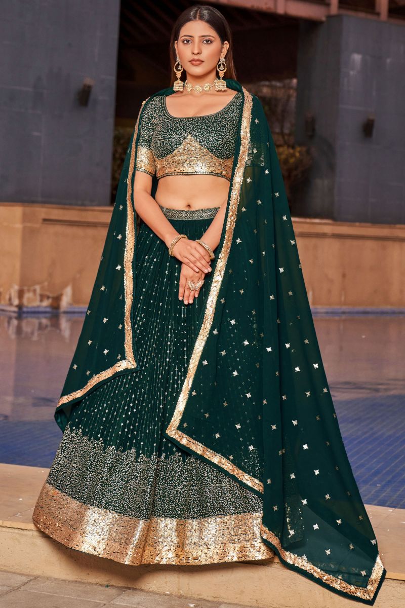 Graceful Georgette Fabric Dark Green Color Lehenga With Sequins Work