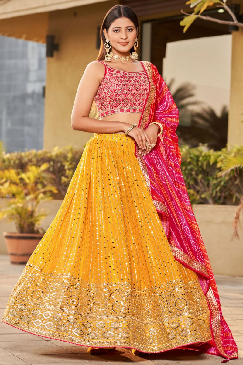 Beguiling Sequins Work On Yellow Color Georgette Fabric Lehenga