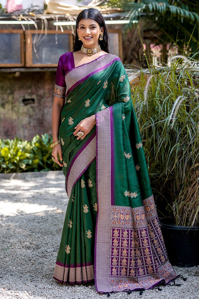 Dark Green Color Art Silk Fabric Zari Weaving Border Work Fancy Saree