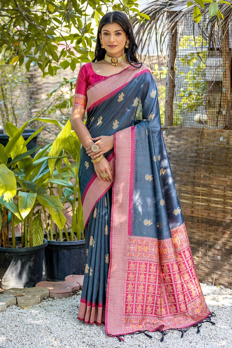 Function Wear Grey Color Art Silk Fabric Designer Zari Weaving Border Work Saree