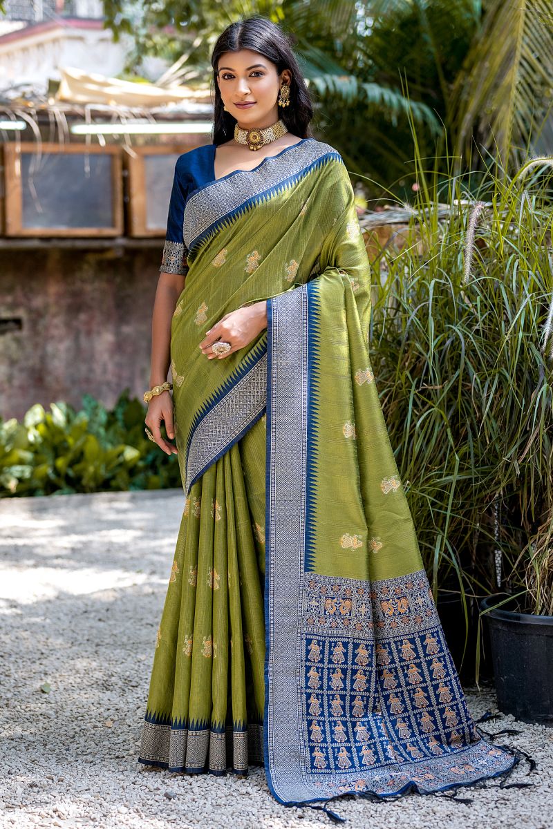 Green Color Zari Weaving Border Work Art Silk Fabric Function Wear Saree