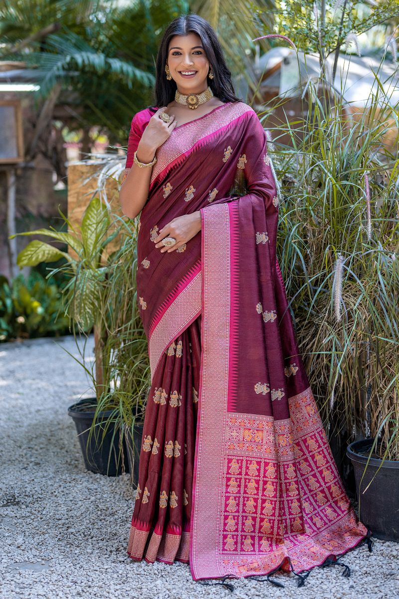 Zari Weaving Border Work Art Silk Fabric Saree In Maroon Color