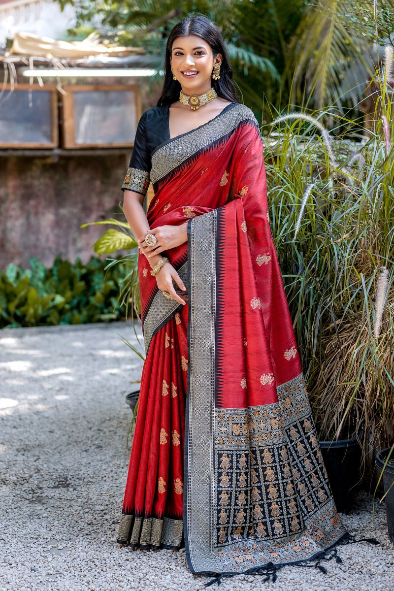 Red Color Art Silk Fabric Zari Weaving Border Work Function Wear Saree