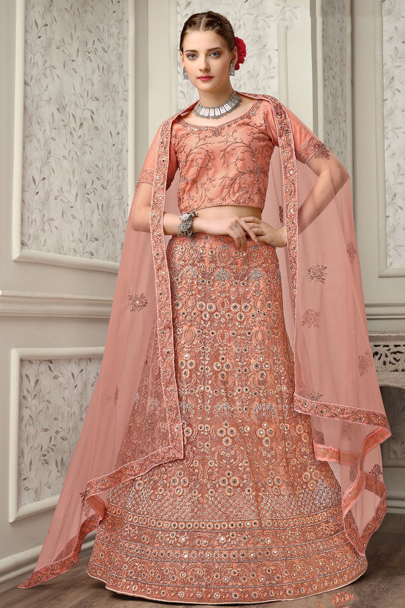 Sangeet Wear Net Peach Color Lehenga Choli