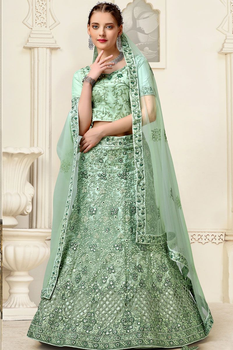 Net Sangeet Wear Lehenga Choli In Sea Green Color