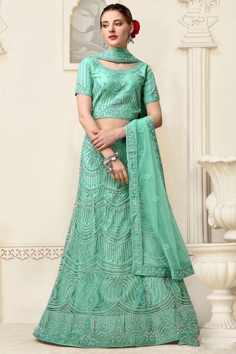 Net Sangeet Wear Lehenga Choli In Cyan Color