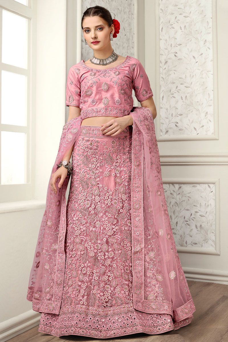 Net Sangeet Wear Lehenga Choli In Peach Color