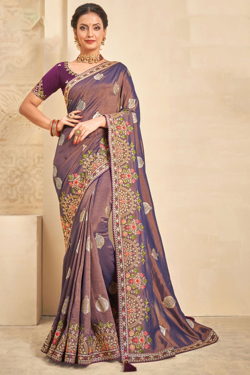 Purple Color Embroidered Art Silk Fabric Function Wear Saree