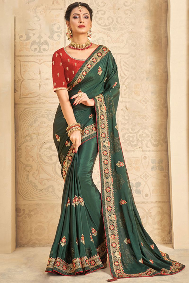 Embroidered Crepe Silk Fabric Saree In Dark Green Color