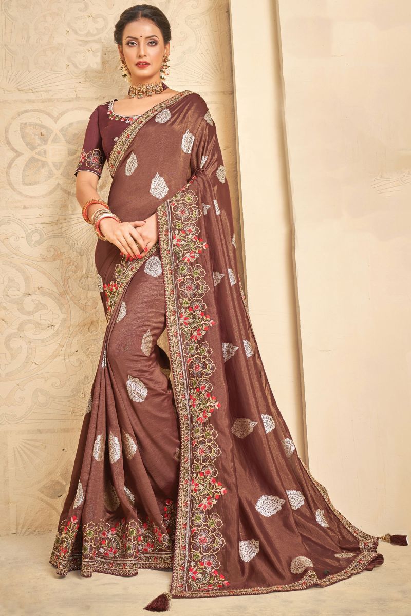 Brown Function Wear Art Silk Fabric Embroidered Saree