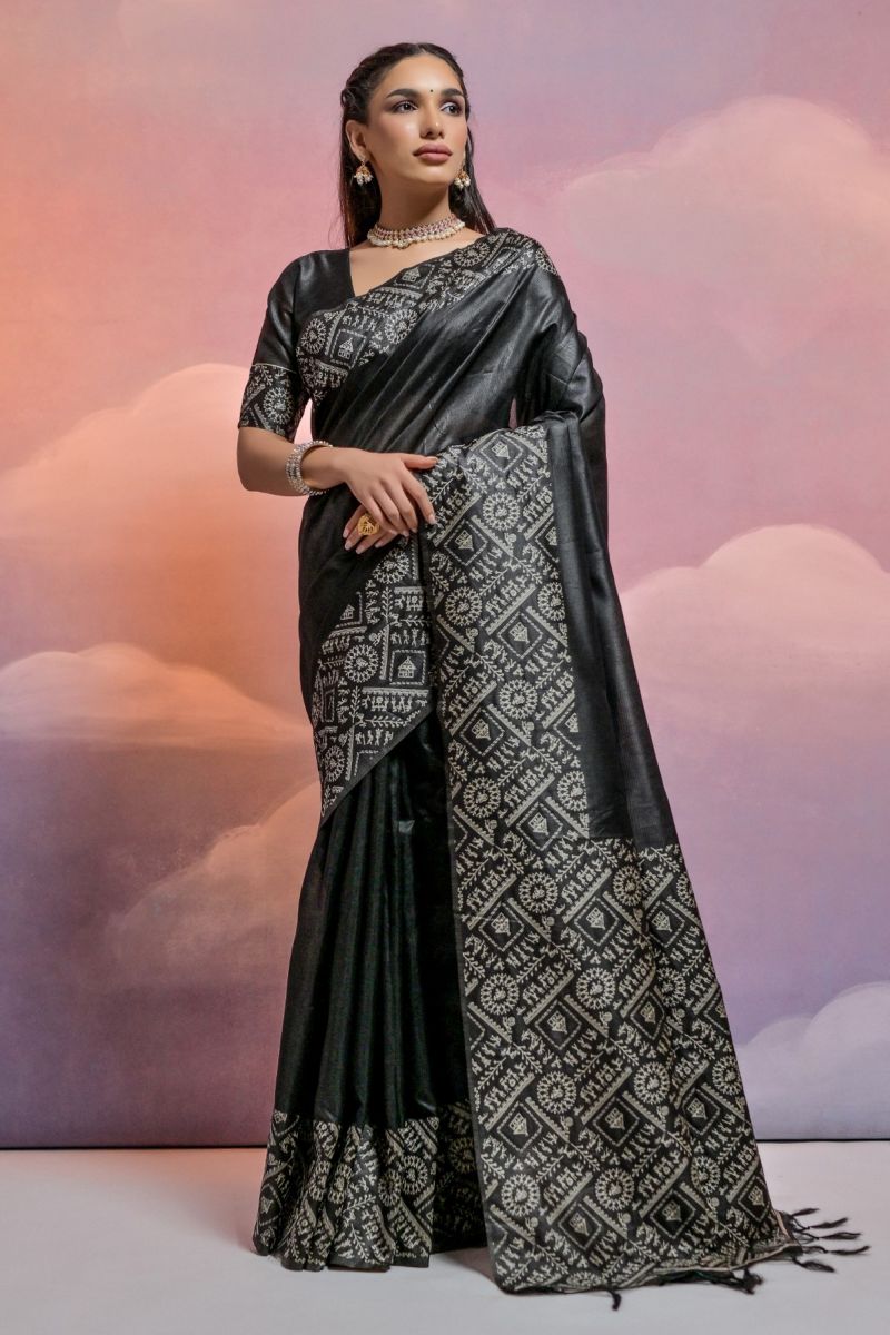 Handloom Raw Silk Black Weaving Border Work Festive Wear Saree